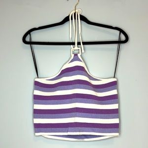H&M Divided Women's Purple and Cream Stripped Ribbed Cropped Halter Top Large